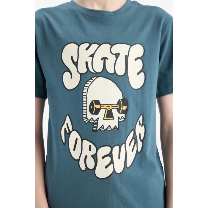 Defacto E0083 Yeşil Erkek Çocuk Bisiklet Yaka Baskılı Kısa Kollu Tişört