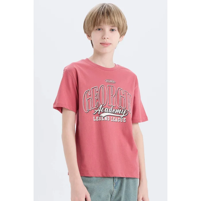 Defacto D9262 Bordo Erkek Çocuk Bisiklet Yaka Baskılı Kısa Kollu Tişört