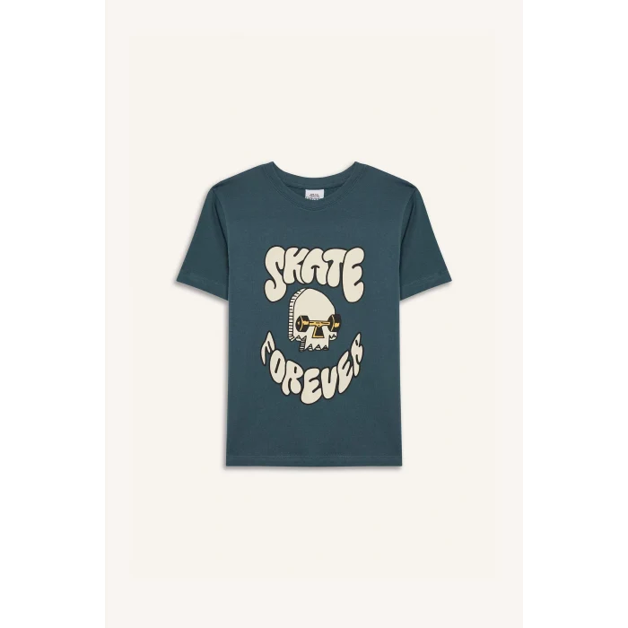 Defacto E0083 Yeşil Erkek Çocuk Bisiklet Yaka Baskılı Kısa Kollu Tişört