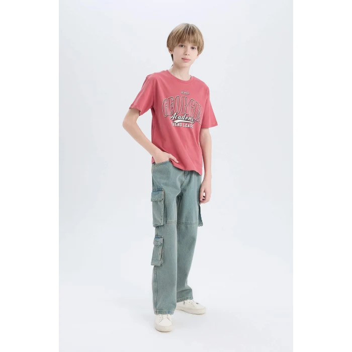 Defacto D9262 Bordo Erkek Çocuk Bisiklet Yaka Baskılı Kısa Kollu Tişört