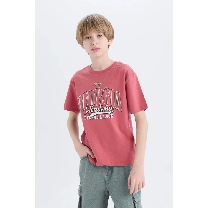 Defacto D9262 Bordo Erkek Çocuk Bisiklet Yaka Baskılı Kısa Kollu Tişört