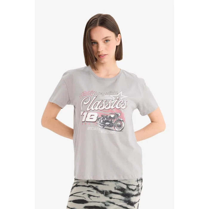 Defacto D9601 Gri Regular Fit Bisiklet Yaka Baskılı Kısa Kollu Tişört