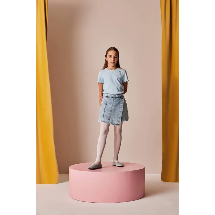 Defacto B6925 Mavi Kız Çocuk Slim Fit Dar Kesim Bisiklet Yaka İşlemeli Fitilli Kaşkorse Kısa Kollu Tişört