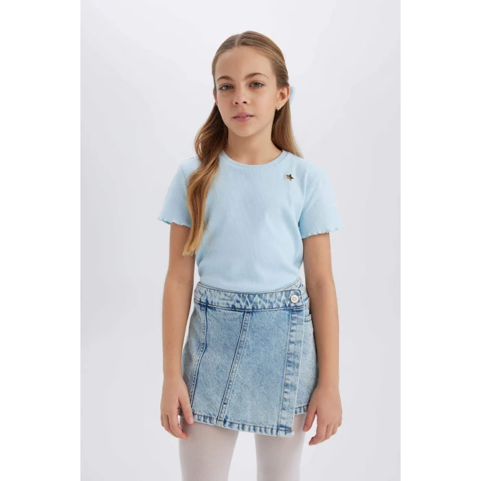 Defacto B6925 Mavi Kız Çocuk Slim Fit Dar Kesim Bisiklet Yaka İşlemeli Fitilli Kaşkorse Kısa Kollu Tişört