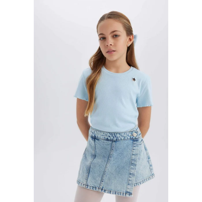 Defacto B6925 Mavi Kız Çocuk Slim Fit Dar Kesim Bisiklet Yaka İşlemeli Fitilli Kaşkorse Kısa Kollu Tişört