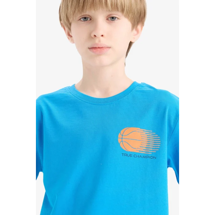 Defacto E0175 Mavi Erkek Çocuk Bisiklet Yaka Baskılı Kısa Kollu Tişört