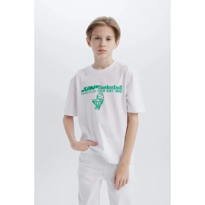 Defacto B6165 Beyaz Erkek Çocuk Oversize Geniş Kalıp Bisiklet Yaka Baskılı Kısa Kollu Tişört