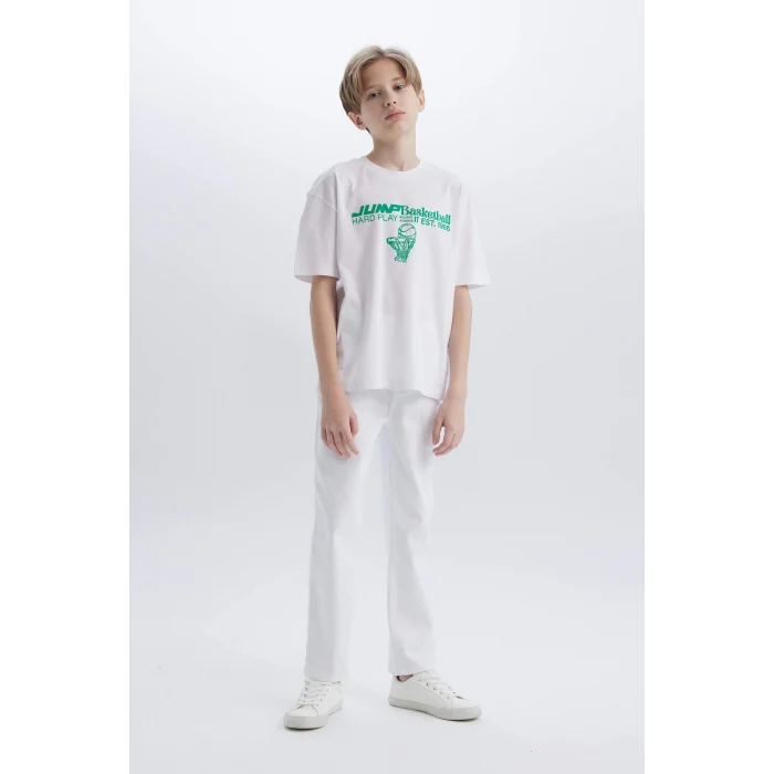 Defacto B6165 Beyaz Erkek Çocuk Oversize Geniş Kalıp Bisiklet Yaka Baskılı Kısa Kollu Tişört
