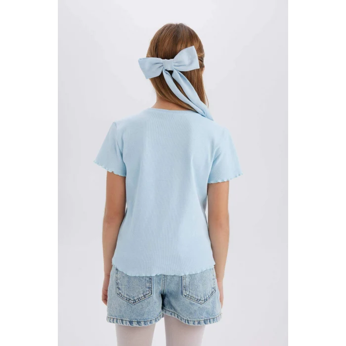 Defacto B6925 Mavi Kız Çocuk Slim Fit Dar Kesim Bisiklet Yaka İşlemeli Fitilli Kaşkorse Kısa Kollu Tişört