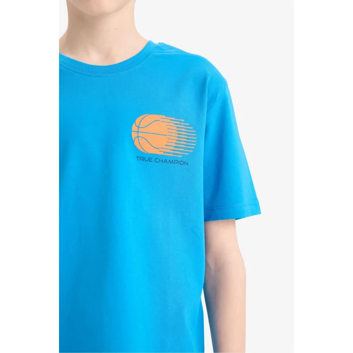 Defacto E0175 Mavi Erkek Çocuk Bisiklet Yaka Baskılı Kısa Kollu Tişört