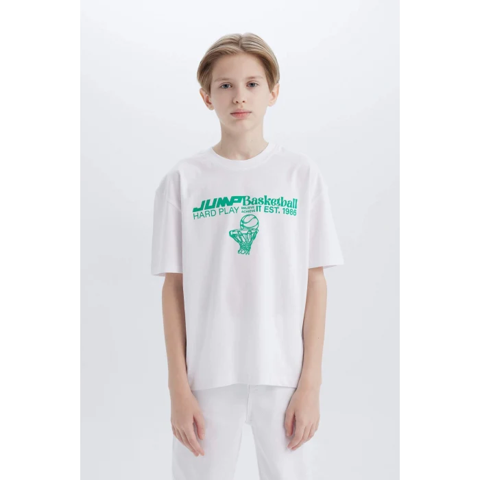 Defacto B6165 Beyaz Erkek Çocuk Oversize Geniş Kalıp Bisiklet Yaka Baskılı Kısa Kollu Tişört