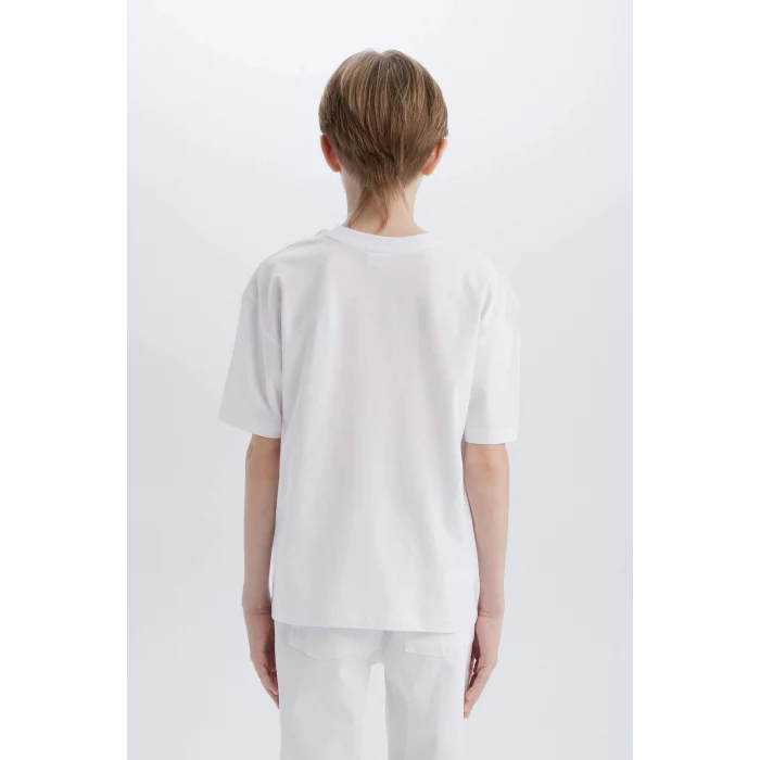 Defacto B6165 Beyaz Erkek Çocuk Oversize Geniş Kalıp Bisiklet Yaka Baskılı Kısa Kollu Tişört