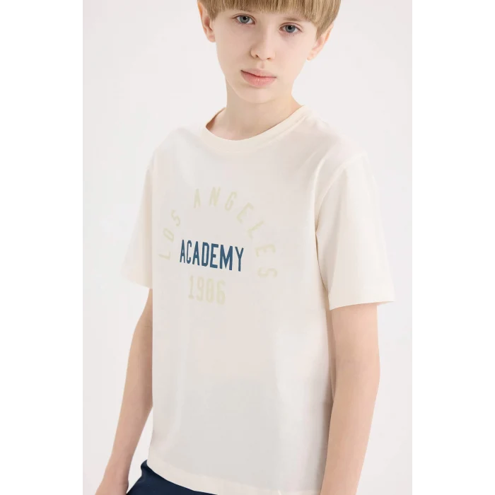 Defacto E0171 Beyaz Erkek Çocuk Bisiklet Yaka Baskılı Kısa Kollu Tişört