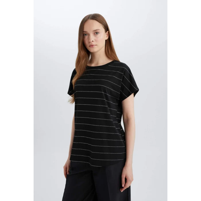 Defacto E6075 Siyah Bisiklet Yaka Kısa Kollu Tişört