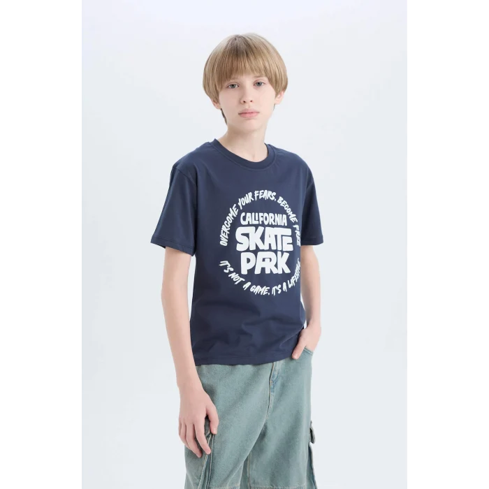 Defacto D9261 Lacivert Erkek Çocuk Bisiklet Yaka Baskılı Kısa Kollu Tişört