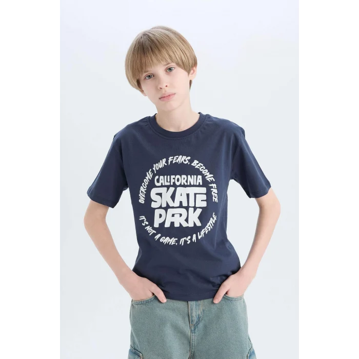 Defacto D9261 Lacivert Erkek Çocuk Bisiklet Yaka Baskılı Kısa Kollu Tişört