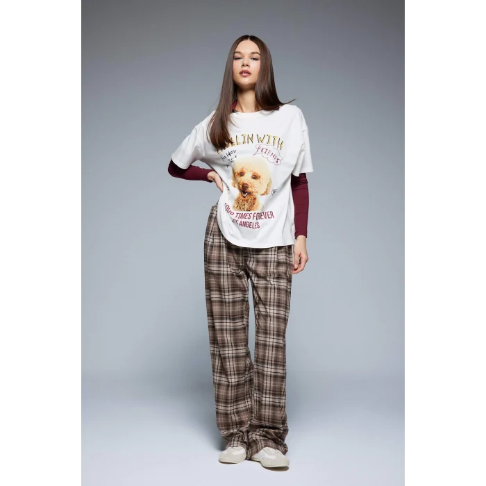 Defacto F2648 Beyaz Coool Oversize Geniş Kalıp Bisiklet Yaka Baskılı Kısa Kollu Tişört