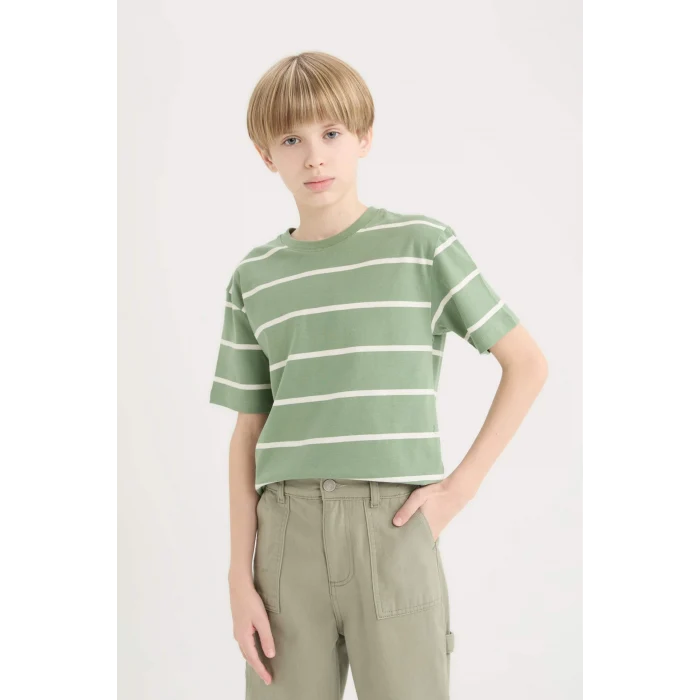 Defacto D7865 Yeşil Erkek Çocuk Bisiklet Yaka Çizgili Kısa Kollu Tişört
