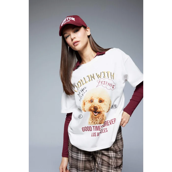 Defacto F2648 Beyaz Coool Oversize Geniş Kalıp Bisiklet Yaka Baskılı Kısa Kollu Tişört