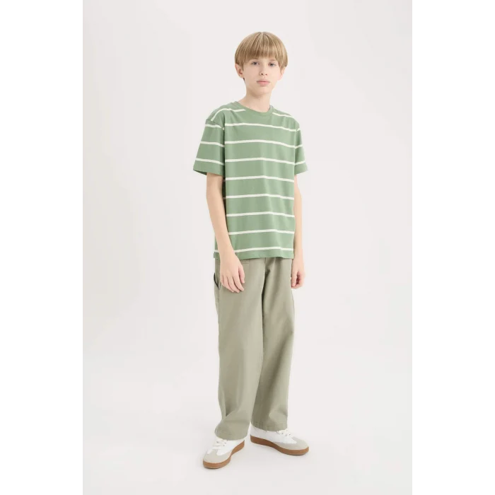 Defacto D7865 Yeşil Erkek Çocuk Bisiklet Yaka Çizgili Kısa Kollu Tişört