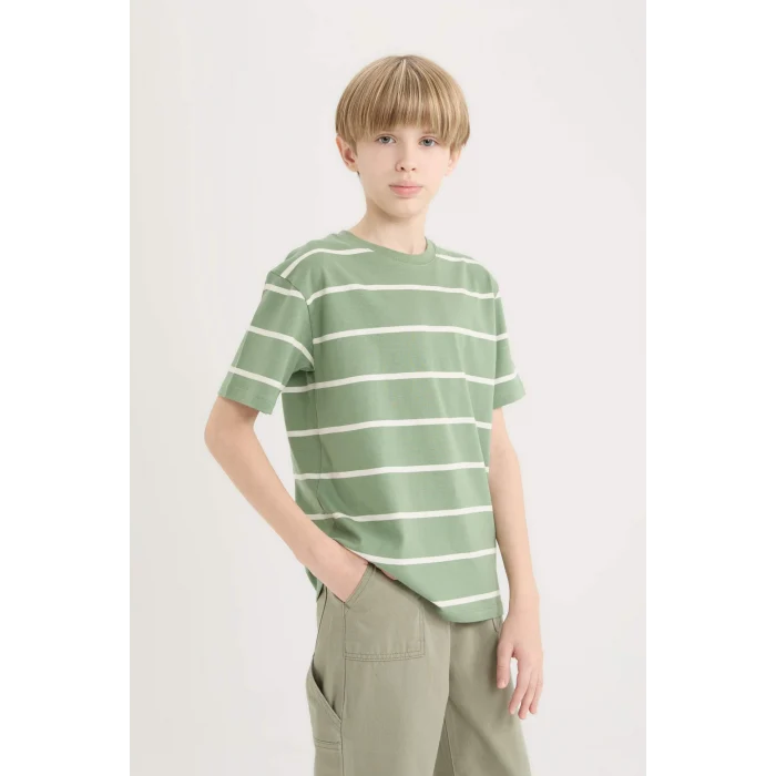Defacto D7865 Yeşil Erkek Çocuk Bisiklet Yaka Çizgili Kısa Kollu Tişört