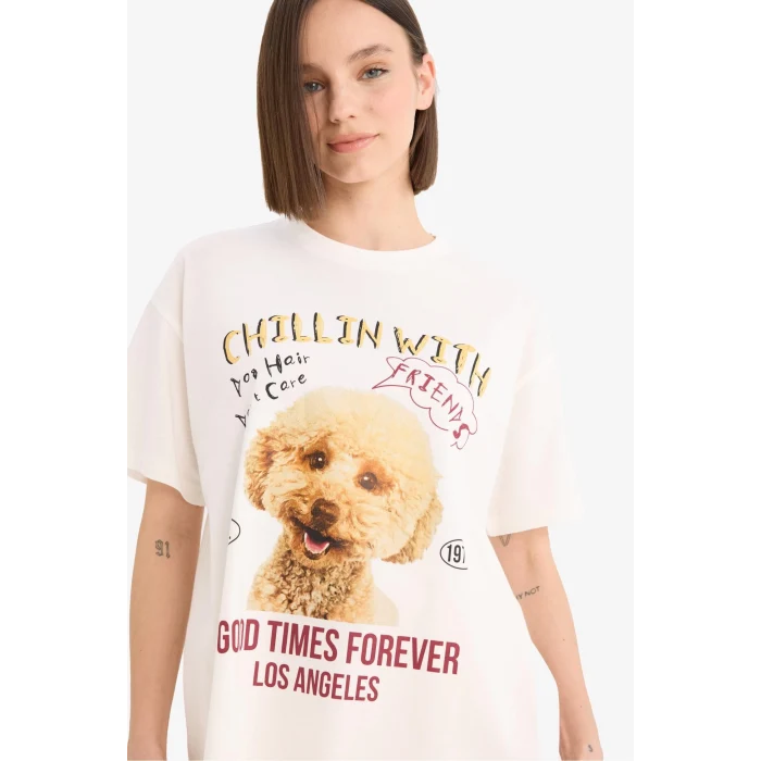 Defacto F2648 Beyaz Coool Oversize Geniş Kalıp Bisiklet Yaka Baskılı Kısa Kollu Tişört