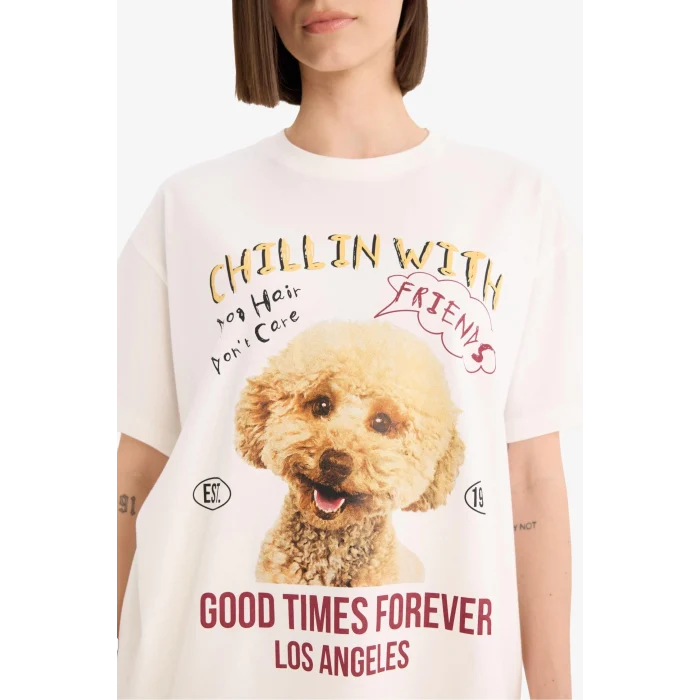 Defacto F2648 Beyaz Coool Oversize Geniş Kalıp Bisiklet Yaka Baskılı Kısa Kollu Tişört