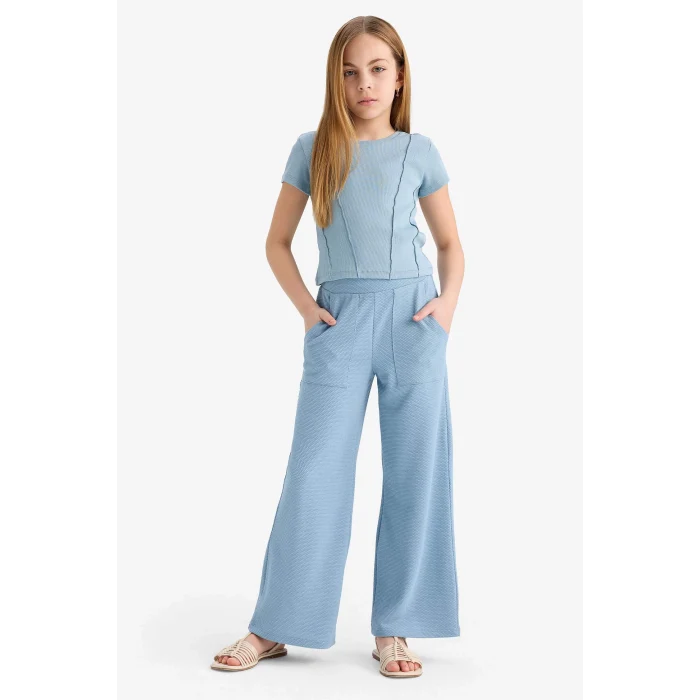 Defacto C0104 Mavi Kız Çocuk Slim Fit Dar Kesim Bisiklet Yaka Basic Düz Ribana Kısa Kollu Tişört