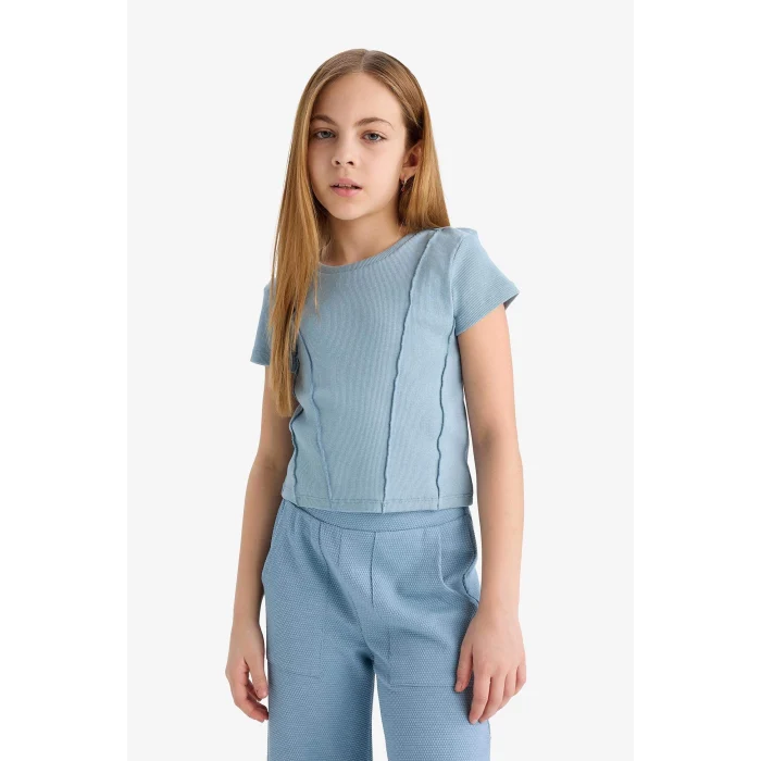 Defacto C0104 Mavi Kız Çocuk Slim Fit Dar Kesim Bisiklet Yaka Basic Düz Ribana Kısa Kollu Tişört