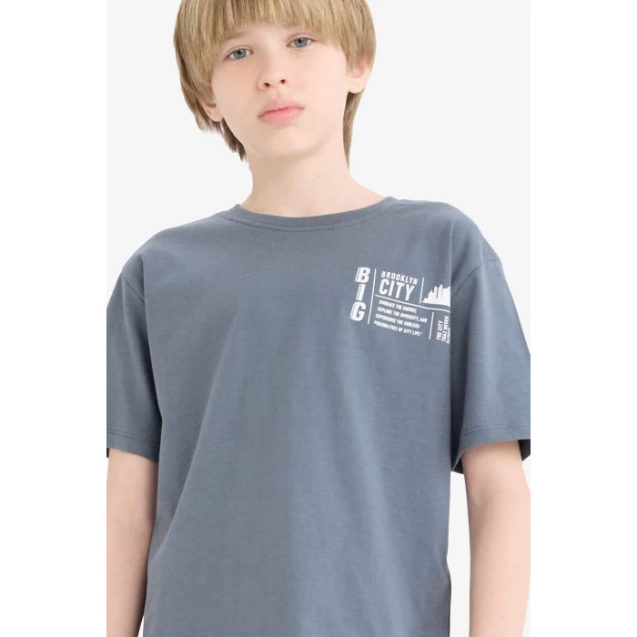 Defacto D9276 Antrasit Erkek Çocuk Bisiklet Yaka Baskılı Kısa Kollu Tişört