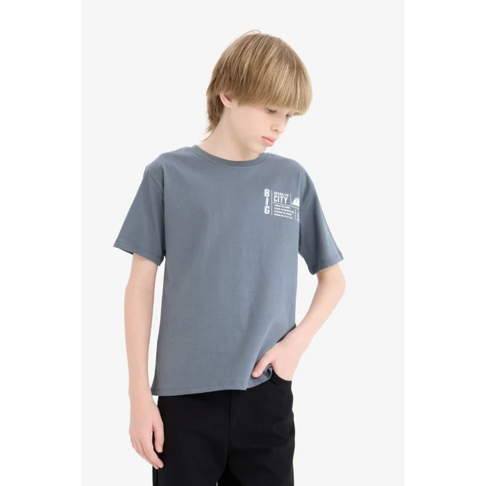 Defacto D9276 Antrasit Erkek Çocuk Bisiklet Yaka Baskılı Kısa Kollu Tişört