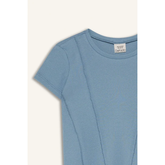 Defacto C0104 Mavi Kız Çocuk Slim Fit Dar Kesim Bisiklet Yaka Basic Düz Ribana Kısa Kollu Tişört