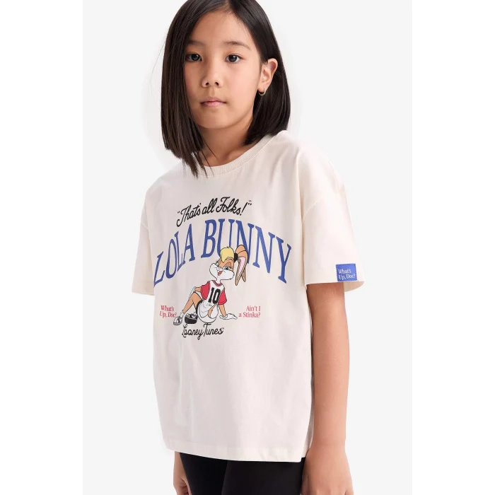 Defacto D8825 Ekru Kız Çocuk Relax Fit Bisiklet Yaka Kısa Kollu Tişört