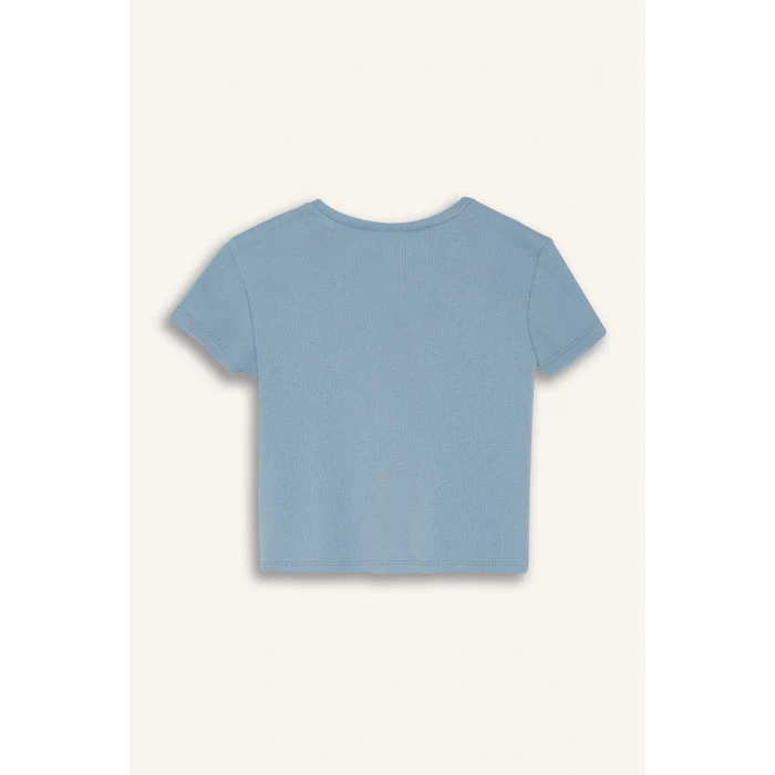 Defacto C0104 Mavi Kız Çocuk Slim Fit Dar Kesim Bisiklet Yaka Basic Düz Ribana Kısa Kollu Tişört