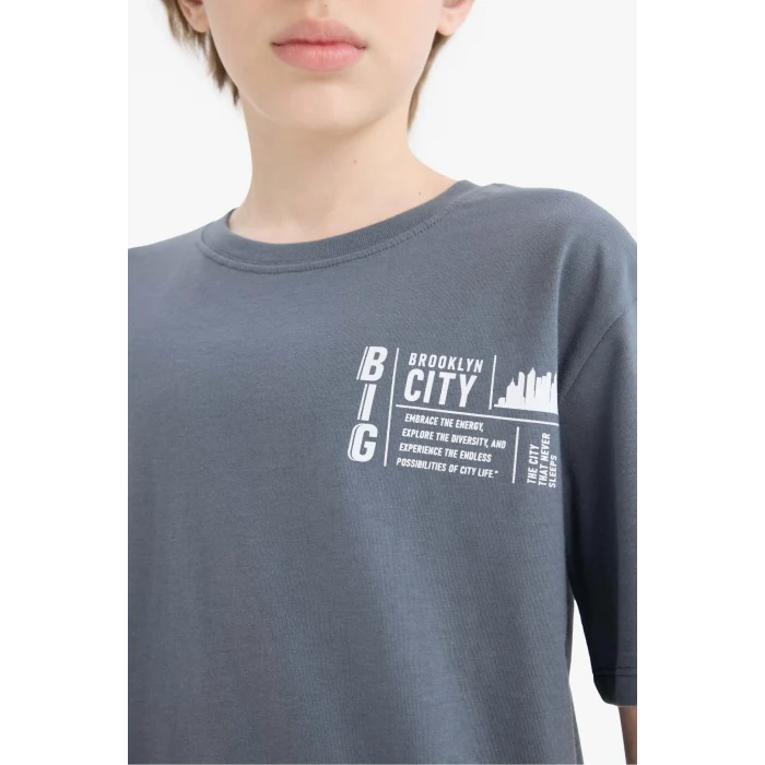 Defacto D9276 Antrasit Erkek Çocuk Bisiklet Yaka Baskılı Kısa Kollu Tişört