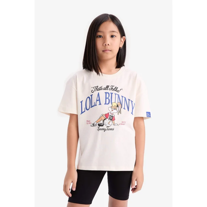 Defacto D8825 Ekru Kız Çocuk Relax Fit Bisiklet Yaka Kısa Kollu Tişört