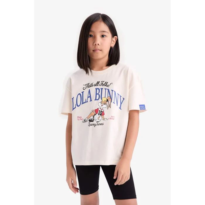 Defacto D8825 Ekru Kız Çocuk Relax Fit Bisiklet Yaka Kısa Kollu Tişört