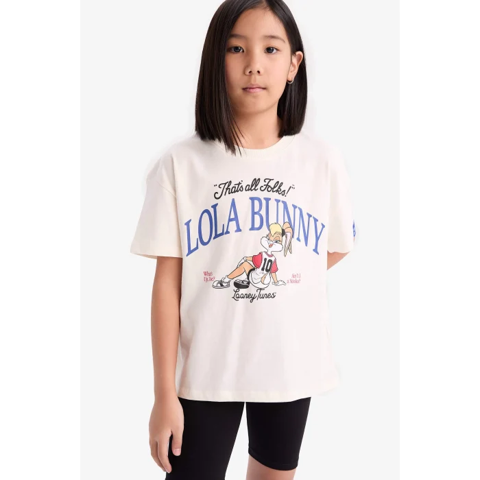 Defacto D8825 Ekru Kız Çocuk Relax Fit Bisiklet Yaka Kısa Kollu Tişört