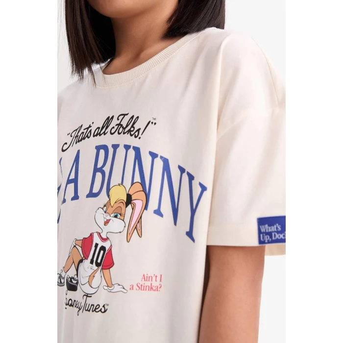 Defacto D8825 Ekru Kız Çocuk Relax Fit Bisiklet Yaka Kısa Kollu Tişört