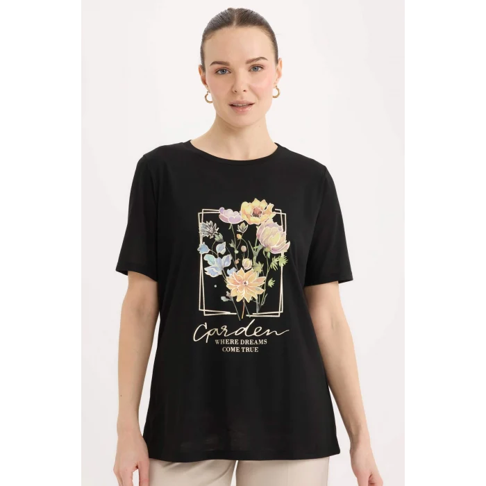 Defacto E1212 Siyah Regular Fit Bisiklet Yaka Baskılı Kısa Kollu Tişört