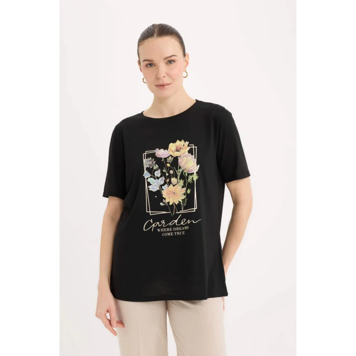 Defacto E1212 Siyah Regular Fit Bisiklet Yaka Baskılı Kısa Kollu Tişört