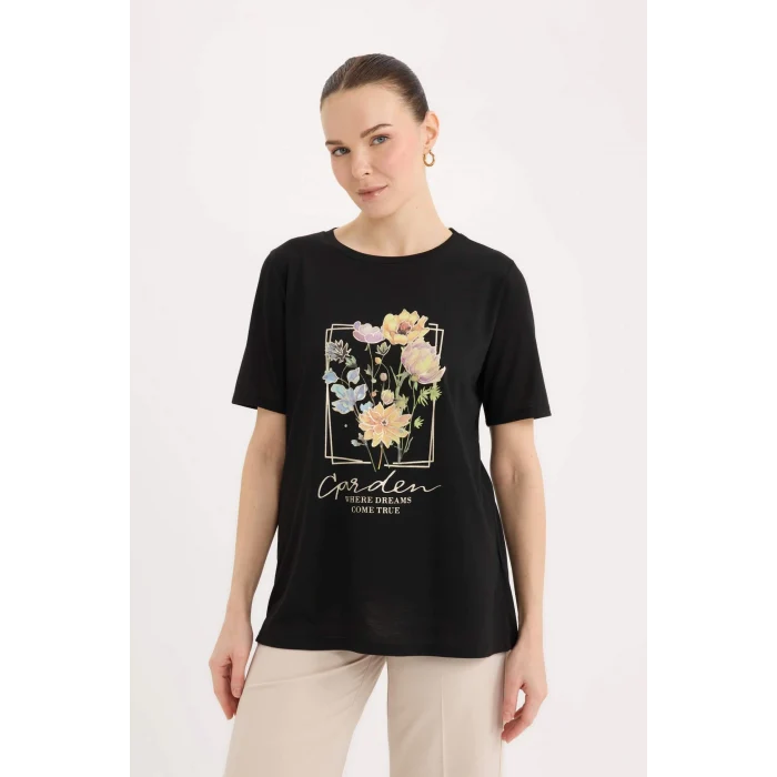 Defacto E1212 Siyah Regular Fit Bisiklet Yaka Baskılı Kısa Kollu Tişört