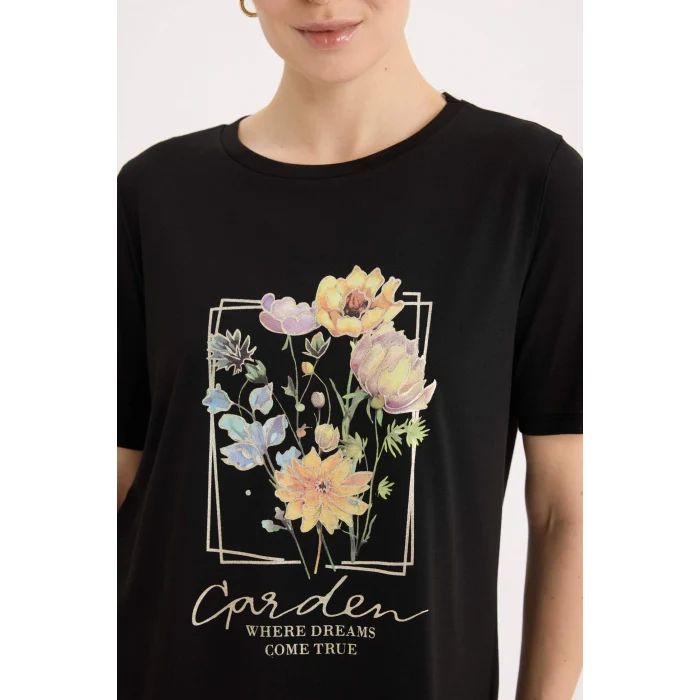 Defacto E1212 Siyah Regular Fit Bisiklet Yaka Baskılı Kısa Kollu Tişört