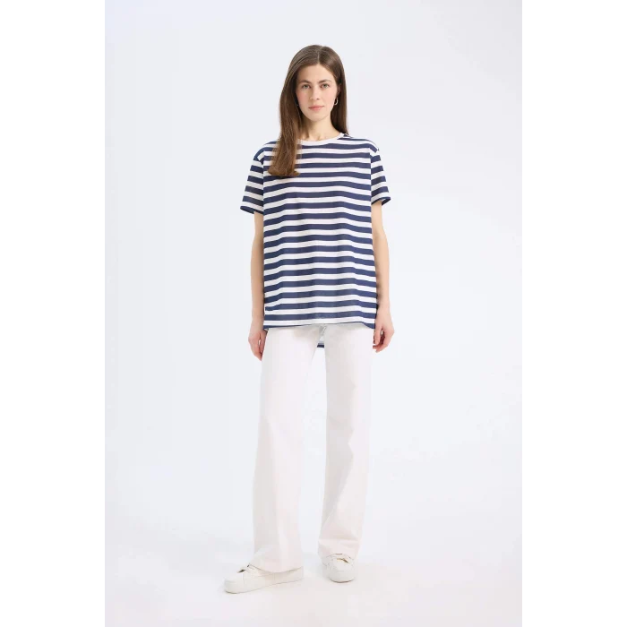 Defacto U1778 Beyaz Long Fit Bisiklet Yaka Çizgili Penye Kısa Kollu Tişört