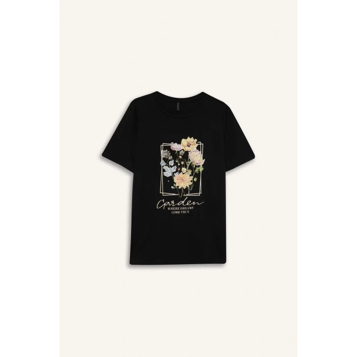 Defacto E1212 Siyah Regular Fit Bisiklet Yaka Baskılı Kısa Kollu Tişört