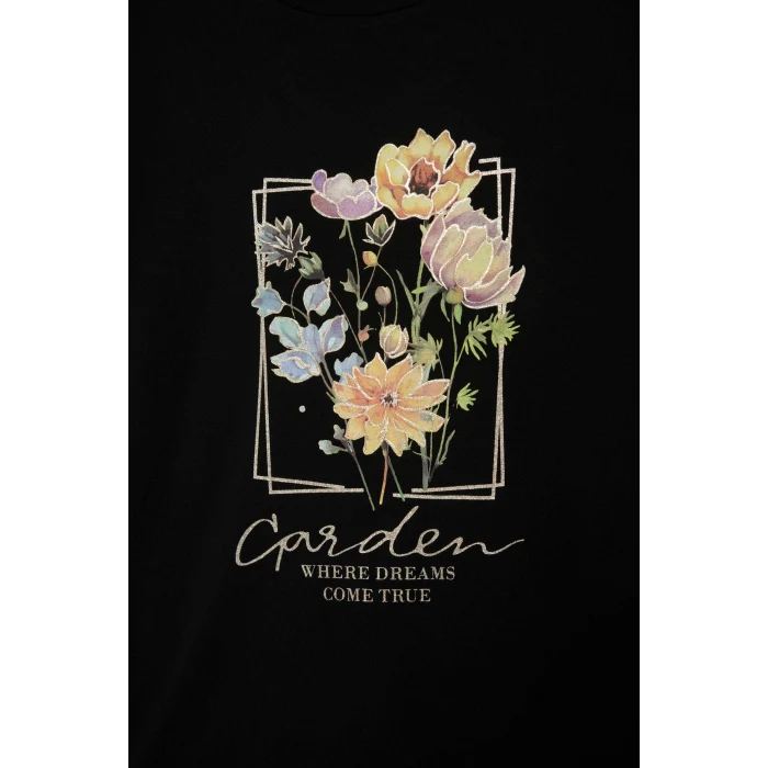 Defacto E1212 Siyah Regular Fit Bisiklet Yaka Baskılı Kısa Kollu Tişört