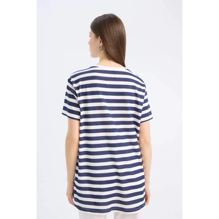 Defacto U1778 Beyaz Long Fit Bisiklet Yaka Çizgili Penye Kısa Kollu Tişört