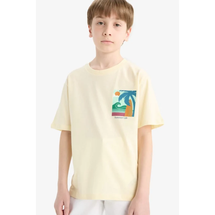 Defacto E4162 Sarı Erkek Çocuk Bisiklet Yaka Baskılı Kısa Kollu Tişört