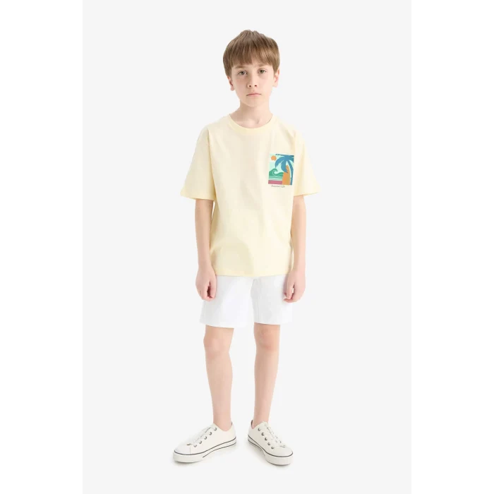 Defacto E4162 Sarı Erkek Çocuk Bisiklet Yaka Baskılı Kısa Kollu Tişört