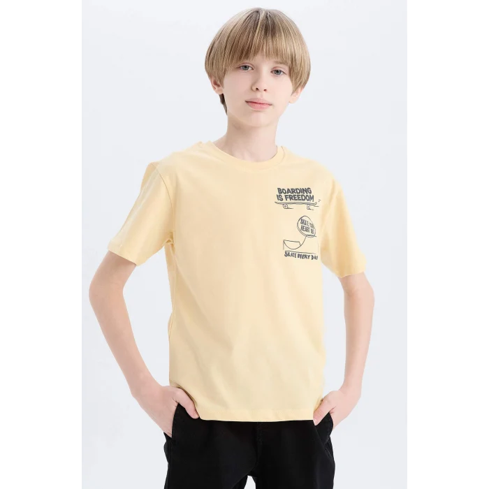 Defacto D9260 Sarı Erkek Çocuk Bisiklet Yaka Baskılı Kısa Kollu Tişört
